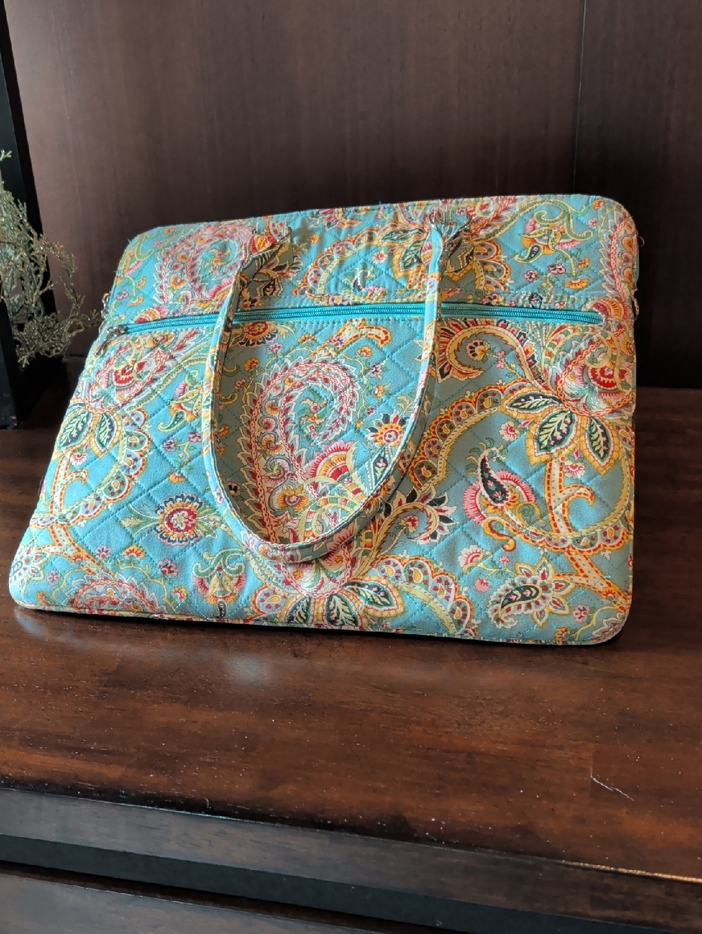 Quilted Paisley Laptop Tote in Aqua